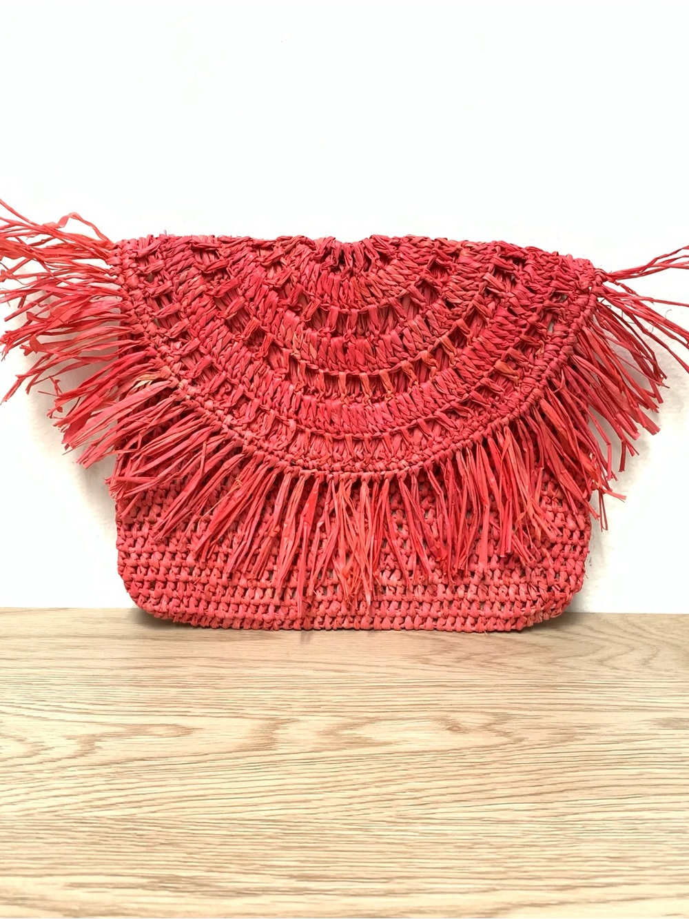 Mar y Sol Coral Raffia Crochet Fringe Clutch Handmade Woven Envelope Purse
